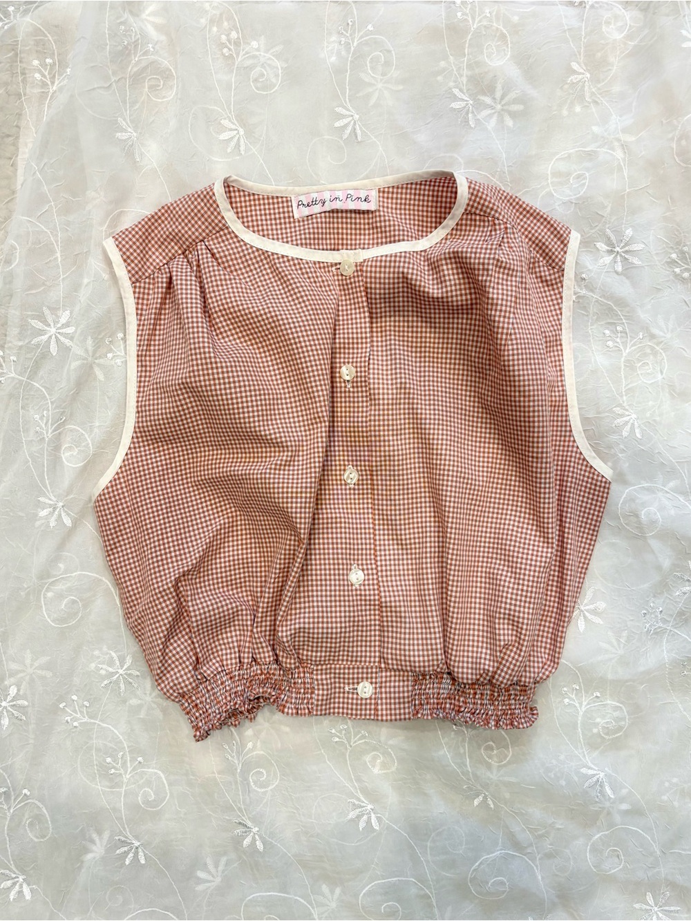 VINTAGE Pink Gingham Sleeveless Button-Front Crop Top